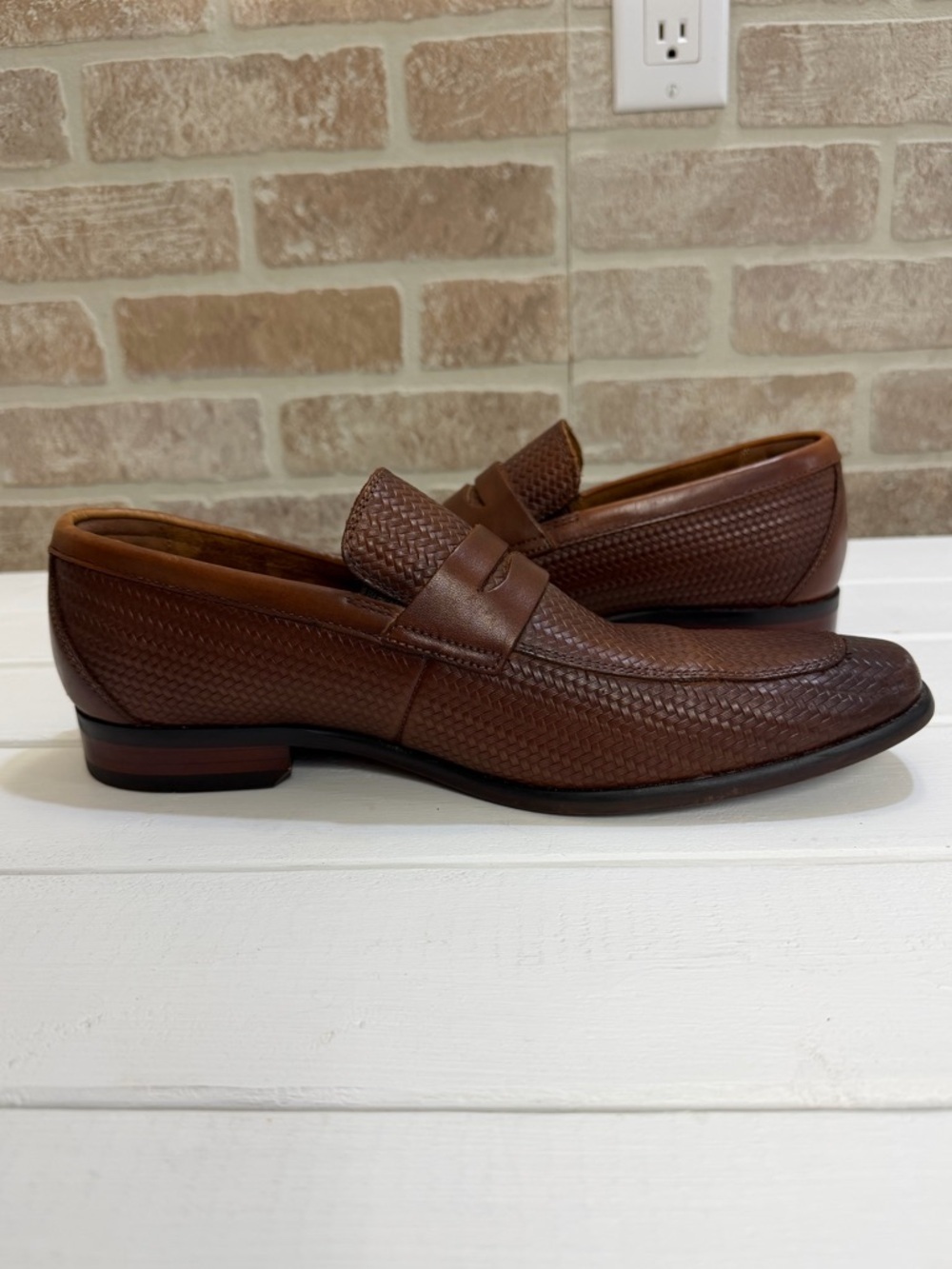 Florsheim Rucci Weave Penny Loafers Mens 8D Cognac Leather Moc Toe - Picture 7 of 11